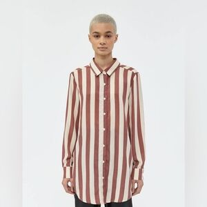 Stelen Oversized Striped Button Up Tie Bow Back Shirt - Mauve/Oat